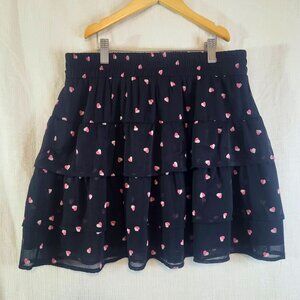 Tamara H Black with Pink Heart Print Tiered Ruffle Romantic Date Night Skirt M